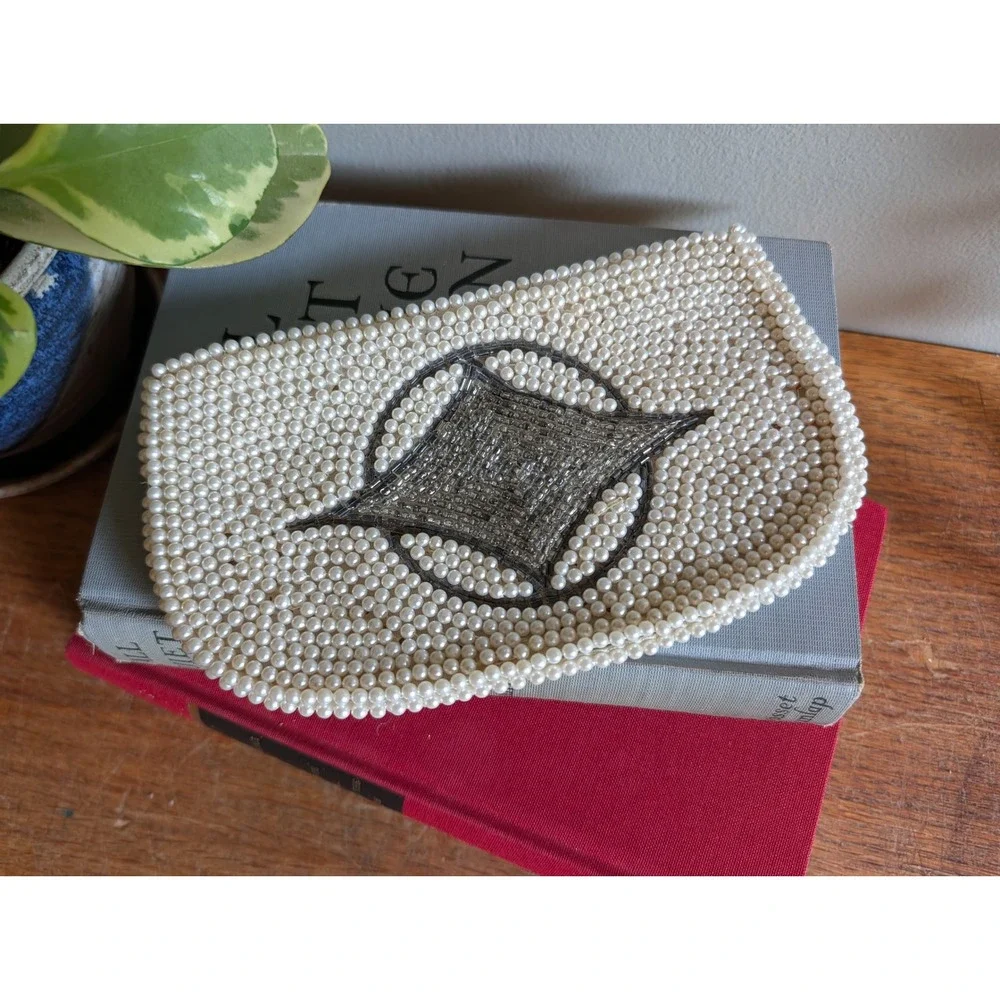 Vintage 50s/60s Handmade Beaded Pearl Clutch Purse Japan Geometric Evening Bag